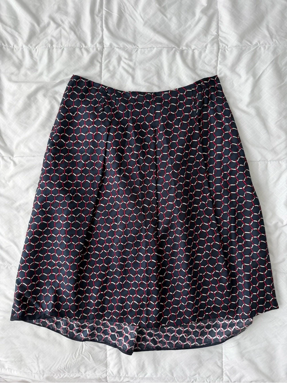 Vintage Talbots Pure Silk Printed A-Line Midi Skirt 12 Navy Red 90s Academia